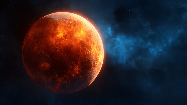 Fiery orange planet with glowing surface and blue nebula space galaxy