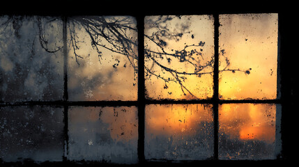 Frosted window view of bare branches against a golden sunset glass