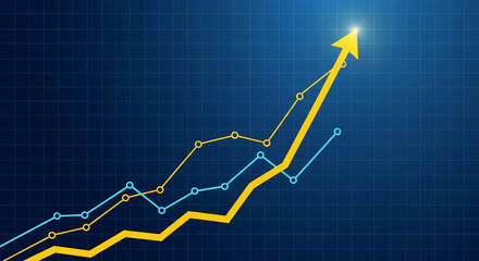 Naklejka premium Ascending yellow arrow graph on dark-blue grid background, showcasing growth, success, and upward trend, ideal for business presentations or financial reports