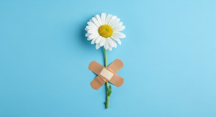 Daisy flower with adhesive bandage symbolizes healing and resilience against a peaceful blue background, ideal for wellness marketing