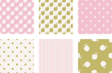 Pink and green vector seamless vector pattern set with apples, stripes, polka dots. Playful hand drawn patterns set for fabric, wrapping, scrapbookig, textile design.
