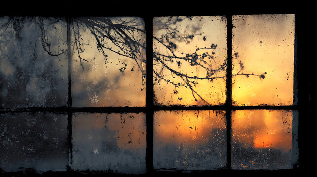 Frosted window view of bare branches against a golden sunset glass