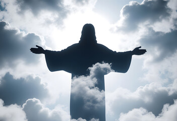 Silhouette of Jesus Christ standing with open arms surrounded by dramatic clouds and bright heavenly light. A spiritual, uplifting, and inspirational scene symbolizing faith, hope, and divine presence