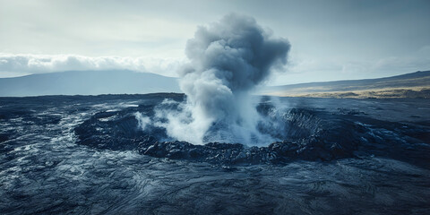 Volcanic crater emitting thick smoke and steam in a dramatic barren landscape under cloudy sky, close-up