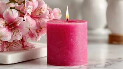 Vibrant pink wax candle glowing softly on a white marble surface with floral accents