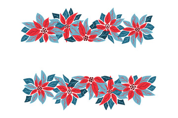 Obraz premium Hand drawn festive banner with red poinsettia flowers and decorative leaves. Concept of Christmas decor, winter celebration and floral holiday design