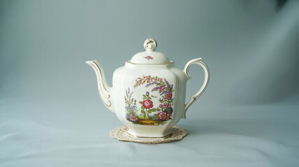 Antique porcelain teapot with floral design and gold trim image