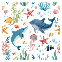 Watercolor seamless pattern with underwater world Bright fish, whale, shark dolphin starfish animals. Jellyfish seashells. Sea and ocean fish life background