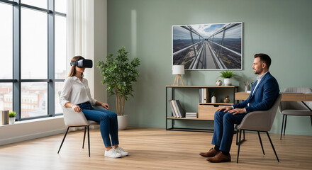 Woman wearing VR headset sits opposite a man in modern office setting, showcasing virtual reality technology in a business context