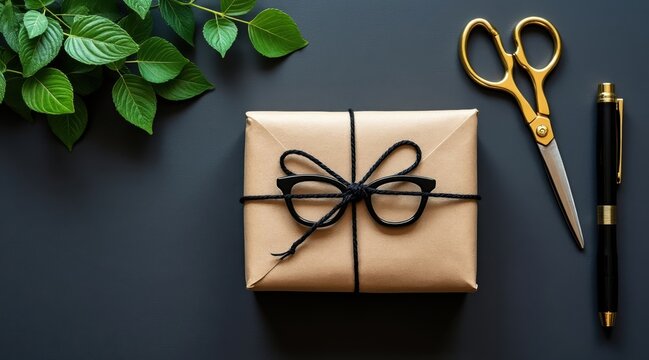 Gift wrapping supplies including scissors pen and a brown paper package tied with string
