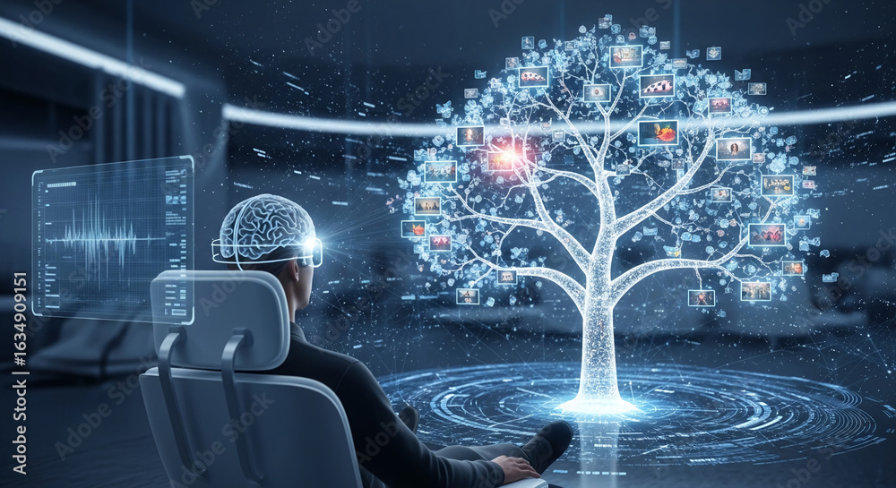 Wall mural person in vr headset views digital tree displaying image data, symbolizing knowledge access, informa