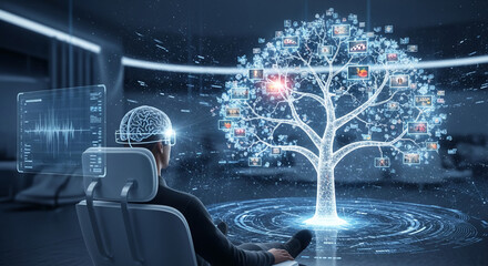 Person in VR headset views digital tree displaying image data, symbolizing knowledge access, information processing, and futuristic technology