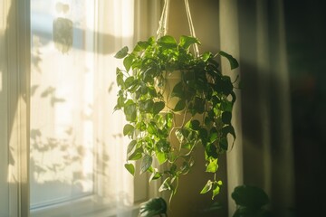 Lush green hanging houseplant, Vibrant green hanging houseplant with long, trailing vines