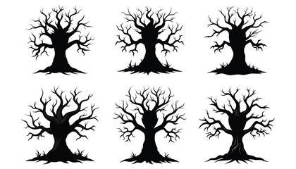 Set of Black Silhouette Leafless Trees Spooky Bare Tree Collection for Halloween, Forest Design, Winter Landscape, or Horror Theme Illustrations on White Background
