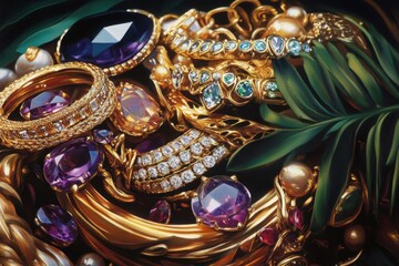 Fototapeta premium Luxury gold jewelry pile, pile of luxury gold jewelry, including necklaces, bracelets