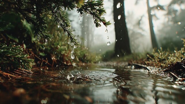 Serene forest landscape featuring crystal clear water droplets falling from pine branches