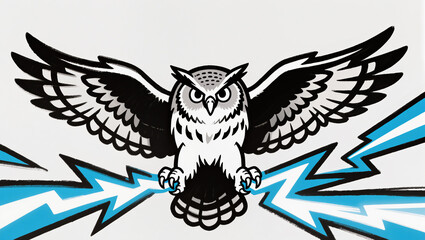 Obraz premium Flying owl casting lightning in dynamic tattoo style
