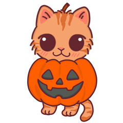 Halloween Cat in a Pumpkin, Cute Cartoon Jack-o'-lantern Kitten