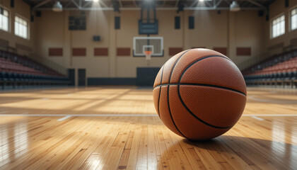 Naklejka premium Basketball on a Hardwood Court in a Gym