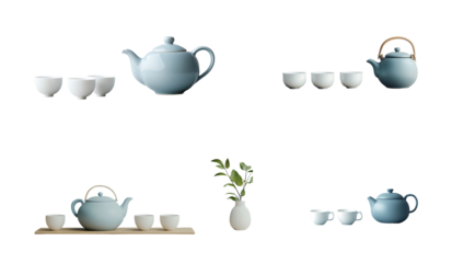 Three arrangements of light blue teapots and white teacups on a transparent background a small plant in a white vase