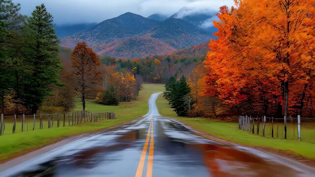 A wet road winds through an autumnal landscape, vibrant trees flanking the path towards misty, shadowed mountains