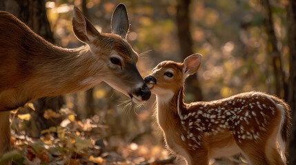 Gentle deer mother nuzzles spotted fawn in sunlit forest baby