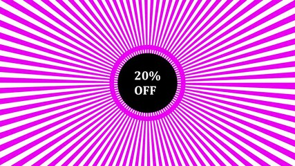 Flash sale 20 percent discount promotional banner design. Animated circle 20% offer on radiant background.