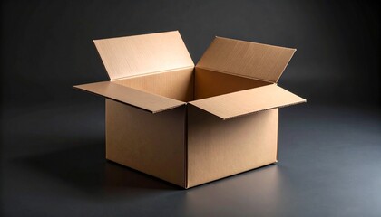 Empty cardboard box with open flaps resting on a dark surface, symbolizing simplicity and potential.