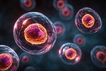 Creative representation showcasing embryonic stem cells with distinct cellular structures and vibrant colors, emphasizing their potential in medical research and regenerative therapies