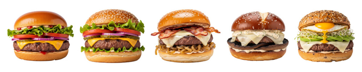 Here is a mouthwatering set of five isolates of various burgers. Each is carefully assembled with a variety of fresh ingredients and a juicy patty.