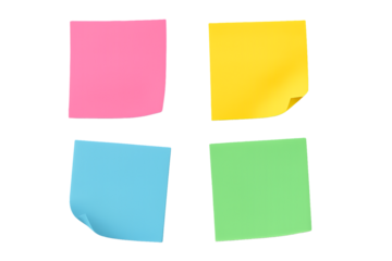 Four colorful sticky notes arranged in a cross shape isolated on transparent background