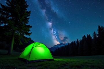 Starry night, green tent nestled in forest, Milky Way visible , deep space, night sky