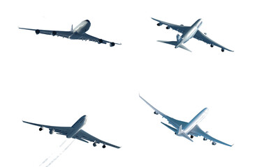 Four Silver Jet Airplanes in Flight Different Angles Transparent Background airliner