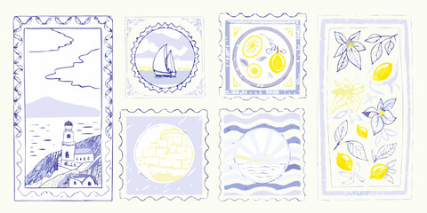 Collection of mediterranean themed illustrated stamps