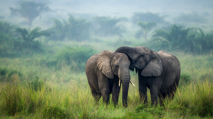 Gentle giants embracing in misty savanna elephants wildlife
