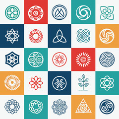 Twenty Five Geometric Abstract Circular and Organic Symbols on Color Blocks vector