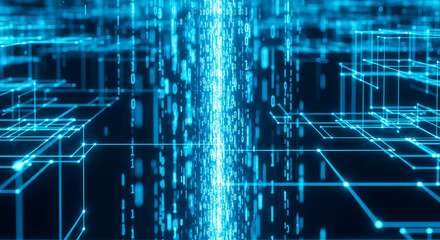 Fototapeta premium Abstract digital background with glowing blue lines and binary code, symbolizing technology, data flow, and network connection