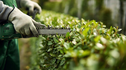Gardener trimming green hedge with electric shears gardening hedge trimming