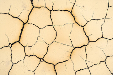 Pale tan cracked earth forms irregular polygons with dark fissures, creating a dry texture. Concept of drought, parched land, arid conditions, natural pattern, earth.