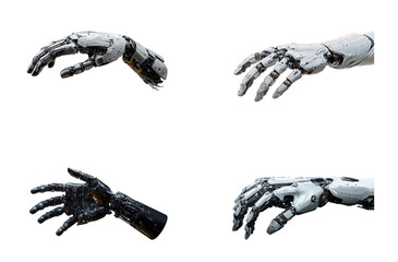 Fototapeta premium Four Robotic Hands in Various Gestures White and Black Mechanical Arms Artificial Intelligence Technology