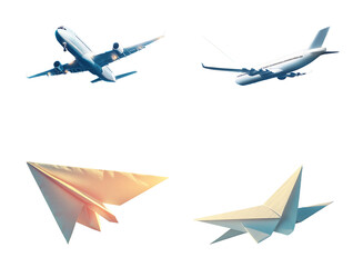 Two Airplane Models Flying High Above Two Origami Paper Airplanes aircraft flight
