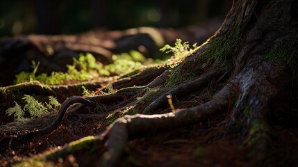 Obraz premium Nature's embrace: a close-up view of tree roots intertwined in a forest setting. Sunlight filters through the leaves, creating a play of light and shadow
