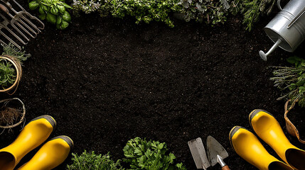 Gardening equipment and plants arranged on dark soil with yellow boots and watering can herbs
