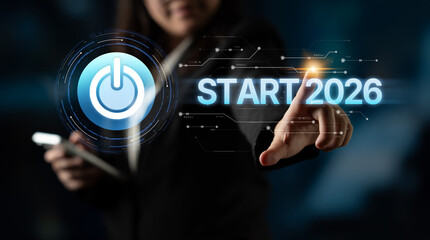 Start 2025 concept with futuristic power button symbolizing fresh beginnings, innovation, and digital transformation. Start 2025, new goals, and start 2025 initiative. Spline