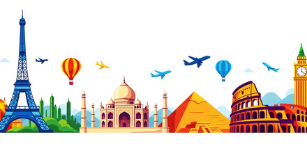 Iconic world landmarks including Eiffel Tower, Taj Mahal, pyramids, Colosseum, Big Ben, airplanes, hot air balloons, symbolizing global travel and adventure, perfect for tourism or travel brochures