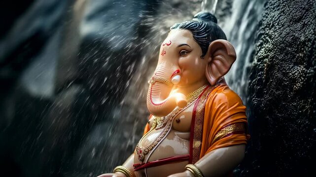A captivating closeup of lord ganeshas idol, bathed in soft light and gentle rain, showcasing his serene expression and intricate details during a religious ceremony
