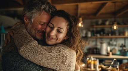 A warm embrace between a man and a woman, expressing affection and love within a home setting. Their closed eyes and smiles suggest deep connection and happiness