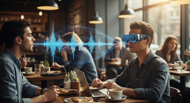 Two men in cafe, one wearing VR headset, connected by digital sound wave visualization, showcasing modern communication and technology integration in daily life