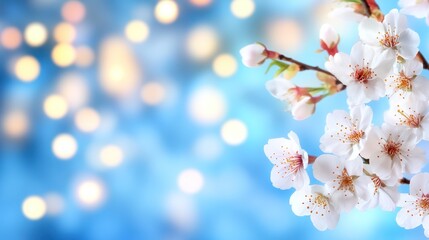 Delicate white blossoms on branch with soft bokeh background