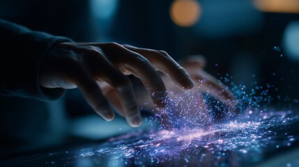 A hand interacting with a glowing, digital interface, showcasing the future of technology. The scene is set against a backdrop of cool blue tones.